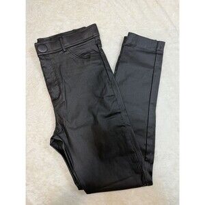 ZARA Women Black Slim Straight coated Pants Stretch Button Zip Size L Zip ankle